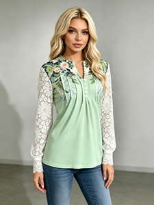 Chemisier plissé décontracté pour femme grande taille, printemps-automne, en dentelle, manches longues, col en V cranté, boutonnage frontal - Product Image 2