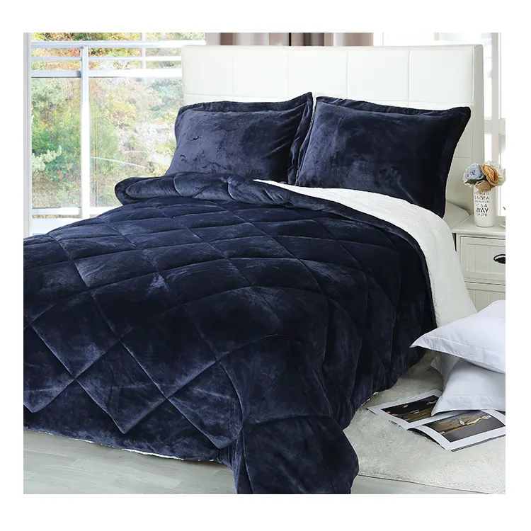 Vente en gros Ensemble couette 3 pièces Sherpa en molleton de polyester microfibre réversible au design de luxe doux