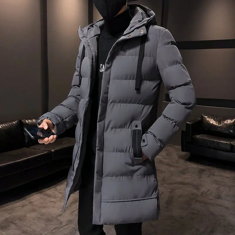 Fashion Men's Thickened Warm Long Coat Casual Slim Fit Men's Hooded Parker Winter Solid Cotton Padded Long Jacket Men