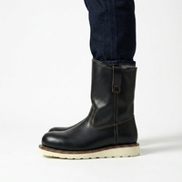 Bottes de travail noires en cuir véritable pour hommes, à enfiler, avec semelle compensée Goodyear Welt – Fournisseur en gros, usine OEM ODM