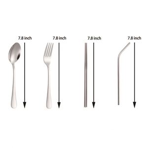 Ensemble d'ustensiles de voyage réutilisables avec logo personnalisé, fourchette, cuillère, couteau, baguettes et paille en acier inoxydable, avec pochette zippée, pour cadeaux événementiels - Product Image 2