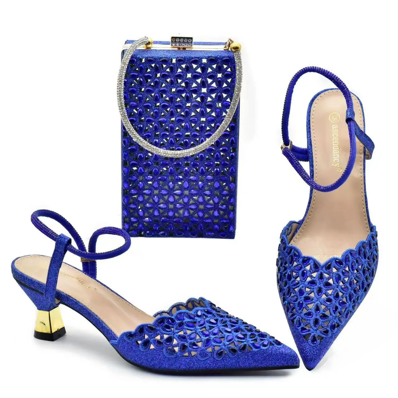 High quality fashionable women's shoes with hollowed out design, pointed high heels and bag combination set