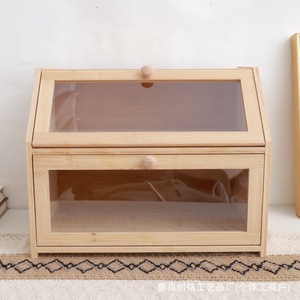Boîte à pain en bois avec couvercle en verre, double compartiment, rangement de cuisine pour pâtisseries et pains - Product Image 1