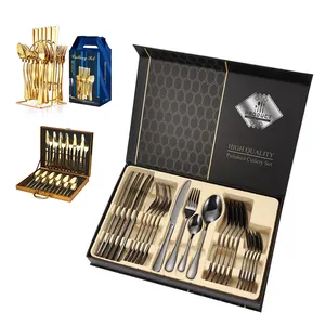 Wholesale 24pcs High Quality 1010 Stainless Steel Gold Cutlery Silverware Dinnerware Flatware Set With Gift Box