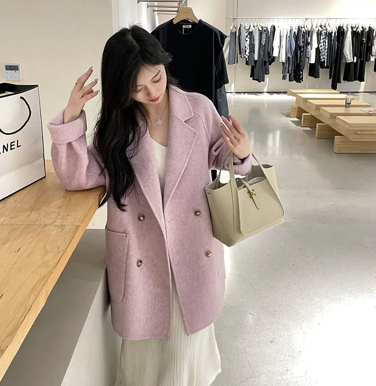 Женское двухстороннее шерстяное пальто на осень и зиму, Длинное свободное однотонное корейское пальто в повседневном стиле с карманами