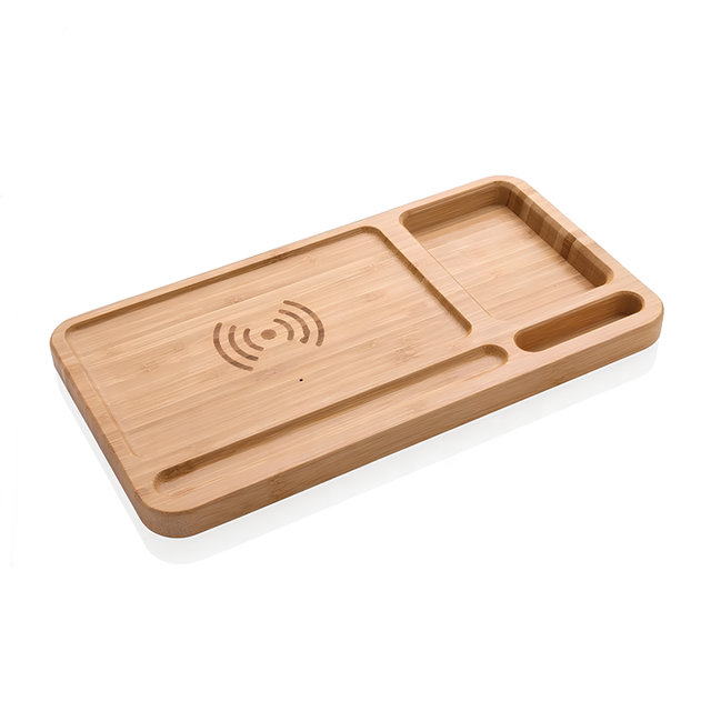 Bamboo Wood Wireless Charging Phone Tray Industrial Equipment Storage Tray with 5W/10W/15W Power and Dimensions 27x14.5x1.5cm