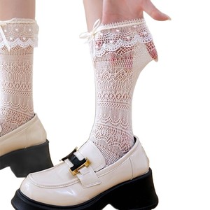 Lace <b>Socks</b> Women Mid Calf Breathable White Bow Trim Princess Style <b>Sock</b> With Pearl Detail For Youth 18-40 Years Old - Product Image 4