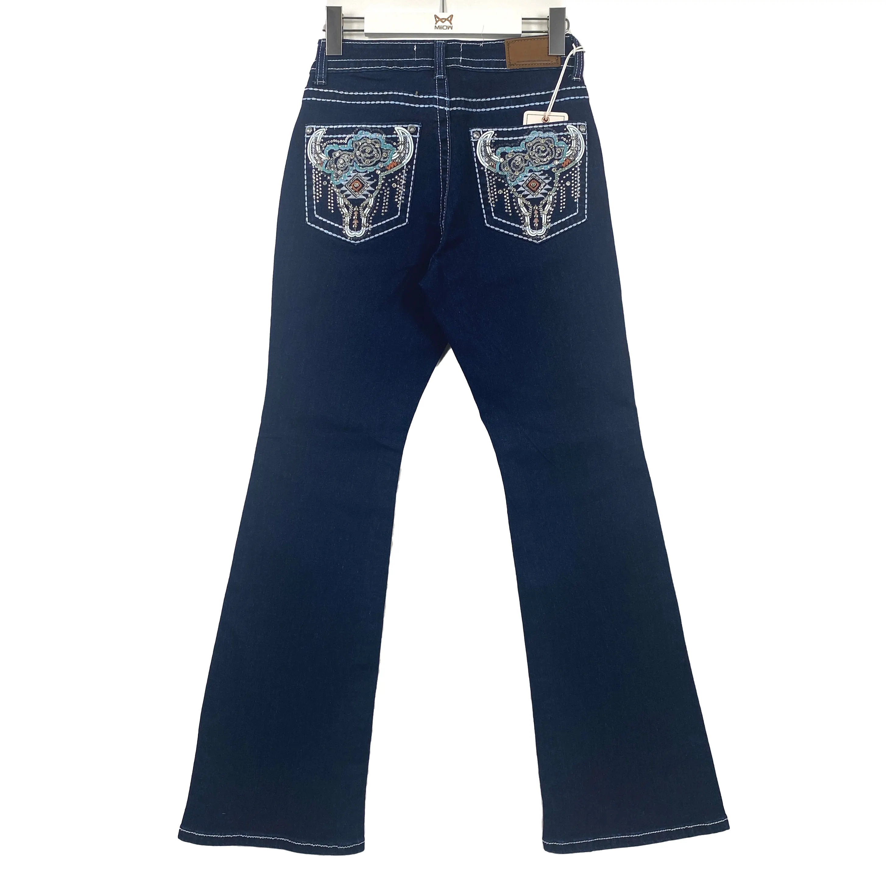 Tiande Western Fashion Sky Blue Jeans de vaca bordados Pantalones de mujer Rectos 70% Algodón Jeans de mujer de tamaño completo