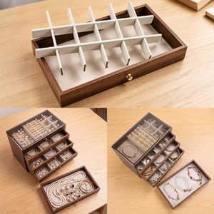 Boîte de rangement à bijoux grande capacité avec couvercle transparent anti-poussière, tiroirs imitation bois et compartiments pour bagues et colliers - Product Image 2