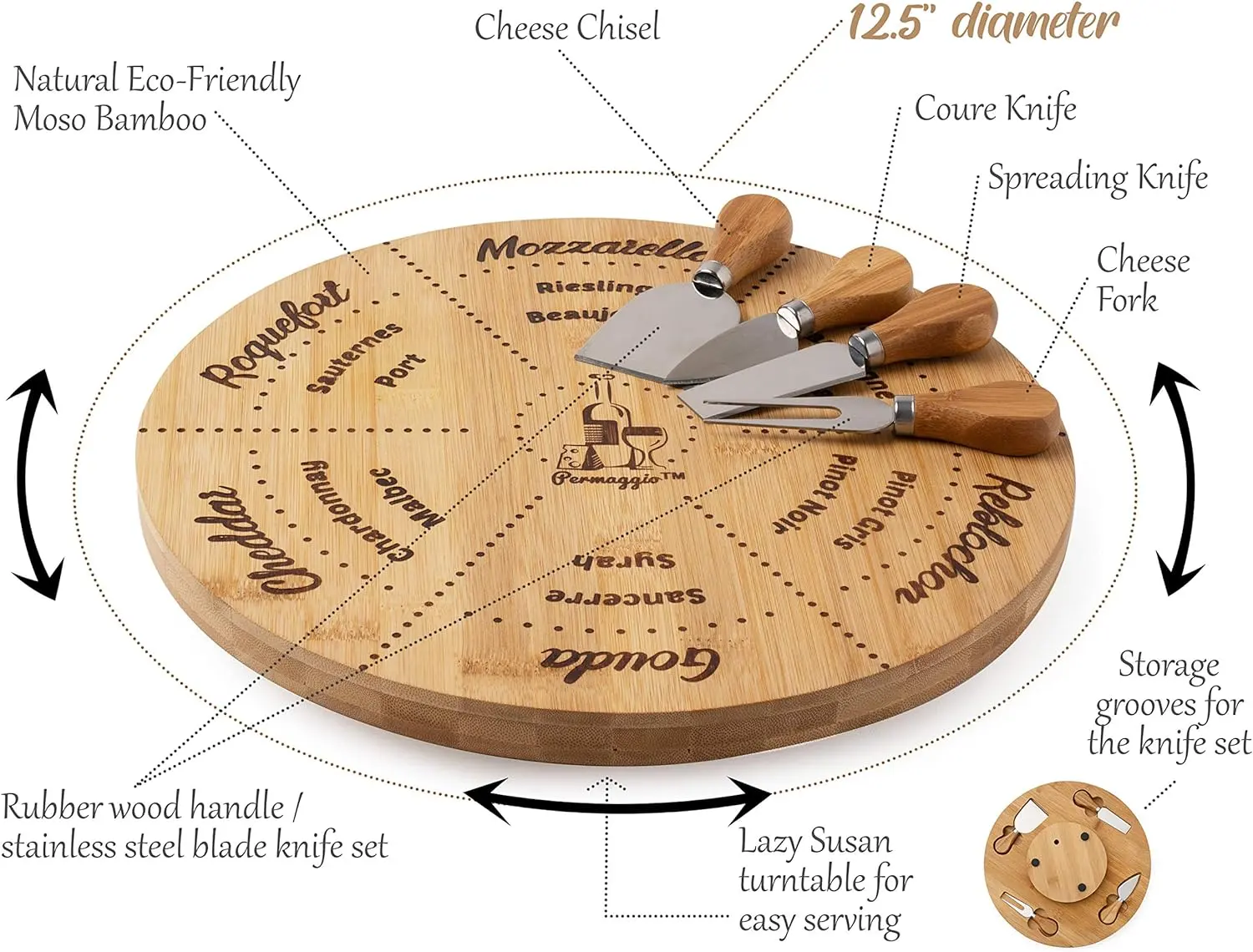 Draaibare Wijn Pairing Kaasplank En Messenset 12.5 "Natuurlijke Bamboe Charcuterie Schotel Geschenk Set Hout Snijplank