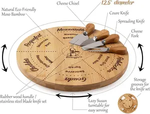 Draaibare Wijn Pairing Kaasplank En Messenset 12.5 "Natuurlijke Bamboe Charcuterie Schotel Geschenk Set Hout Snijplank