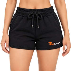 Shorts de sport pour femme Tiierwear, taille haute, avec cordon de serrage, en coton tricoté respirant, couleur unie noir, jambe droite - Product Image 1