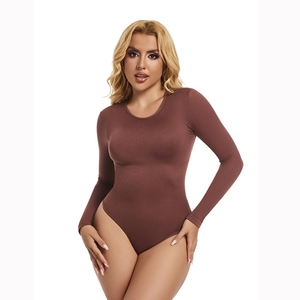 배 컨트롤을위한 여성 긴 소매 바디 수트 원활한 바디 슈트 끈 팬티 라운드 넥 외출 탑 - Product Image 2