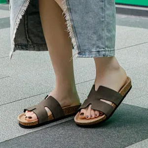 Sandal jari terbuka terbuka Slip-on datar Bio Cork wanita kualitas tinggi dengan dukungan lengkungan nyaman kasur kaki