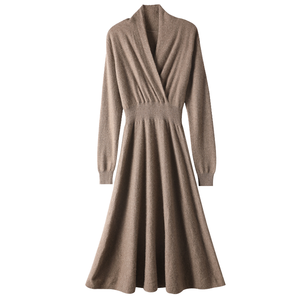 Elegante Vestido de Suéter de Cachemira para Mujer, Cuello en V, Manga Larga, Corte en A, Midi, Tejido de Punto, Color Sólido, Moda Otoñal - Product Image 1