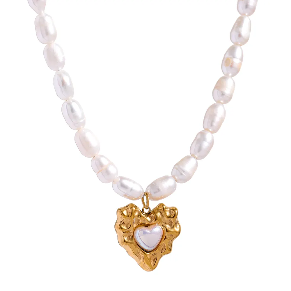 JINYOU 892 Fashion 18K PVD Gold Plated Chain Stainless Steel Freshwater Natural Pearl Beads Heart Pendant Necklace for Women