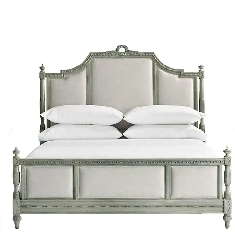 Venta caliente francés vintage muebles de dormitorio de madera con funda de tela camas king queen size