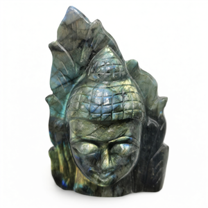 Cabeza de Buda de cristal de labradorita sobre hoja - tallado artesanal del Sereno y Meditante Señor Buda - cristal/reiki/chakra - 5 - Product Image 2