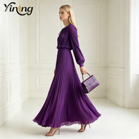 Gaun Pesta Wanita Model Lipit Lengan Panjang Model Lentera Kerah O Bahan Sifon Belahan Samping Musim Panas 2026 OEM ODM Fashion, Gaun Malam Panjang Elegan