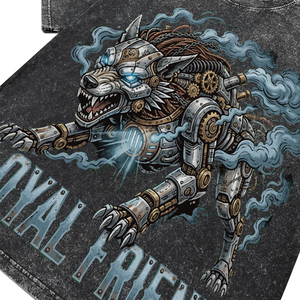 Camisetas de Algodón Transpirable con Lavado Ácido Negro Personalizadas de Alta Calidad para Hombre, Camisetas Extra Grandes con Estampado DTG de Lobo Steampunk para Venta al Por Mayor - Product Image 4