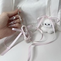 Porte-clés et pendentif de sac pour filles, style esthétique coréen, motif paire de ballerines roses avec nœud en perles, mignon, également sangle de téléphone