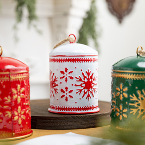 <b>Vintage</b> Embossed Metal Christmas Bells, Snowflake Hand Painted <b>Tin</b> Hanging Ornaments, Rustic Farmhouse Holiday Decor - Product Image 2