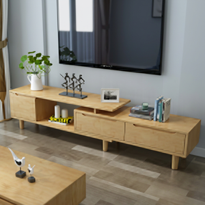 Meuble TV extensible en bois massif de style scandinave moderne avec tiroirs de rangement et étagère pour salon - Product Image 1