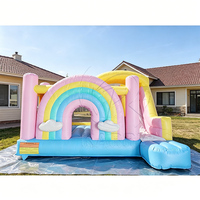 Toboggan Gonflable Géant Double Voie, Combo Château Gonflable Macaron Pastel Arbre à Noix de Coco, en PVC Durable, pour Fêtes à Domicile et Location d'Événements, Garantie 3 Ans