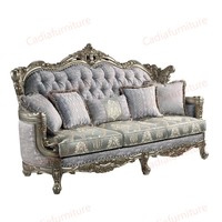 Canapé en bois sculpté au design doré élégant, style italien antique, ensemble de salon 3+2+1 places, canapé classique en tissu français