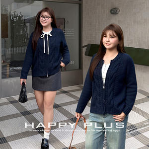 Cardigan en tricot torsadé Happy Plus en rotin pour femme, grande taille, style universitaire britannique, fausse laine d'alpaga, épaisseur moyenne, automne-hiver - Product Image 3