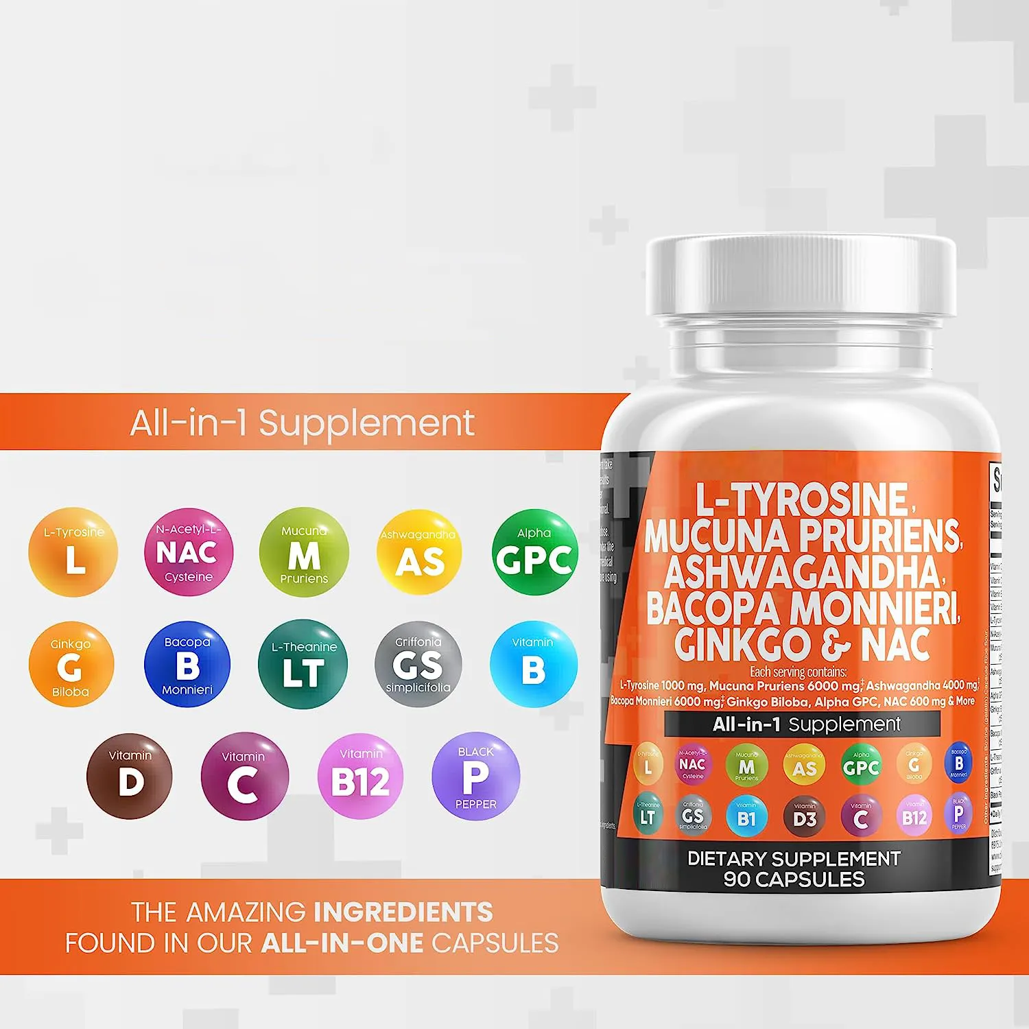 プライベートラベルL-Tyrosine、Muscuna pruriens、Ashwagandha、Bacopa Monnielli、Ginkgo & Nac CapsuleAll-in-1 Supplement