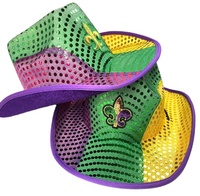 Cappello da Cowboy Luminoso con Paillettes Viola, Verde e Oro LED - Accessorio Unisex per Costume da Festa