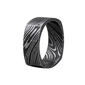 Bague Unisexe Personnalisée Faite à la Main en Acier Damas Plaqué Argent, Design Géométrique Unique, Alliance de Mariage Classique, Troisième Partie - Product Image 1
