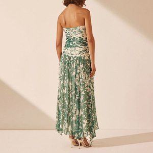 Robe longue en mousseline de soie à imprimé floral sans bretelles, taille empire plissée, robe de soirée pour femmes - Product Image 4