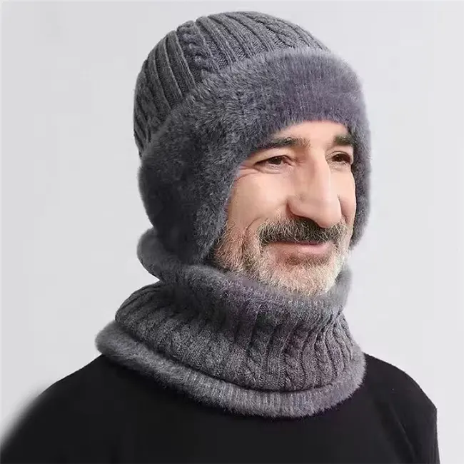 2023 Unisex Homens Inverno Plush Beanie Hat Senhora Quente Slouchy Crochet Malha Velo Forrado Skull Cap Beanie e Scarf Set