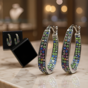 Orecchini a Cerchio Colorati E302 in Argento 925 con Cristalli e Strass, Gioielli Trendy da Festa per Donne - Product Image 2