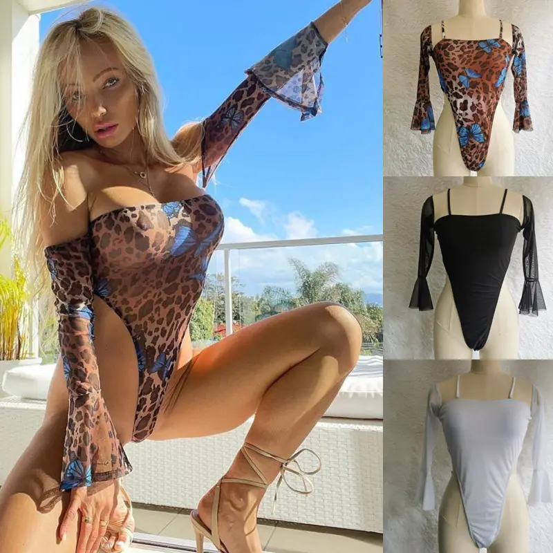 2022 Latest Fashion Unique Sexy Girls Swimwear Leopard Print Women's Mesh Fabric Long Sleeve One Piece Bikini Swimsuit