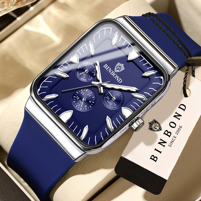 BINBOND 2026 New Model Luminous Silicone Strap Rectangle Dial Men's Unique Waterproof Luxury Watch Quartz Watches for Men