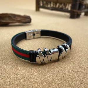 Vente en gros de bijoux tendance dernier modèle Bracelets en cuir colorés double couche personnalisés vintage en acier inoxydable pour hommes