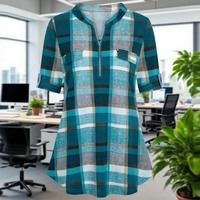 Damen 3/4-Ärmel Blumen-Tunika-Bluse Kariert Lässig Satin Seide Chiffon Popeline Leinen Oberteile Büro Formell Siebdruck
