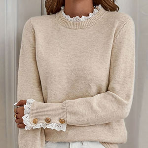 Suéter de Mujer con Diseño de Parches, Ribete de Encaje, Cuello Redondo, Manga Larga, Cierre de Hebilla, Prenda de Punto, Suéter Moderno para Mujer - Product Image 5