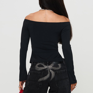 <span class=keywords><strong>Maglietta</strong></span> <span class=keywords><strong>nera</strong></span> a maniche lunghe personalizzata per ragazze Slim Sexy sulle spalle top Crop da donna - Product Image 6