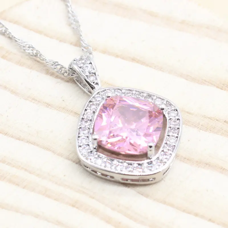 Pink White Zircon Pendant Necklace Charm for Women White Gold Plated Jewelry Female Gift