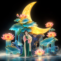 Lanternes paysagères en forme de croissant de lune doré et de lotus, décoration orientale pour centres commerciaux haut de gamme et expositions de la mi-automne