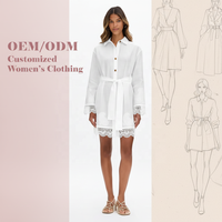Nouvelle Robe Chemise Courte Midi Bohème Personnalisée pour Femme, Blanche, à Manches Longues, avec Broderie Paisley, Bordure en Dentelle, Boutonnée et Ceinture à Nouer
