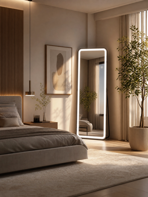 Smart Full-Length Dressing Mirror, LED Handcrafted Floor Glass Mirror