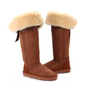 Bottes de neige plates décontractées en peau de mouton véritable, cuissardes longues, mollets larges pour femmes, bottes occidentales au-dessus du genou - Product Image 4