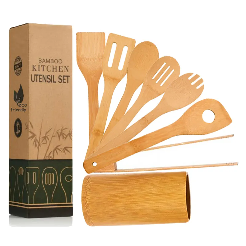 Sıcak satış eko dostu özel logo hediye kutusu ile 8 parça mutfak pişirme aletleri bambu spatula seti