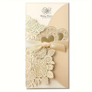 การ์ดเชิญงานแต่งงานแบบตัดเลเซอร์สีทองขาว ลายกุหลาบหัวใจ พร้อมริบบิ้นตกแต่ง สำหรับงานแต่งงาน - Product Image 1