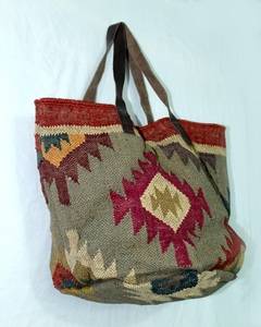 Antique Handmade Indian Tote <b>Bag</b> Women Cotton Jute Leather <b>Strap</b> Bohemian Vintage Style Large Capacity Lightweight <b>Shoulder</b> <b>Bag</b> - Product Image 3